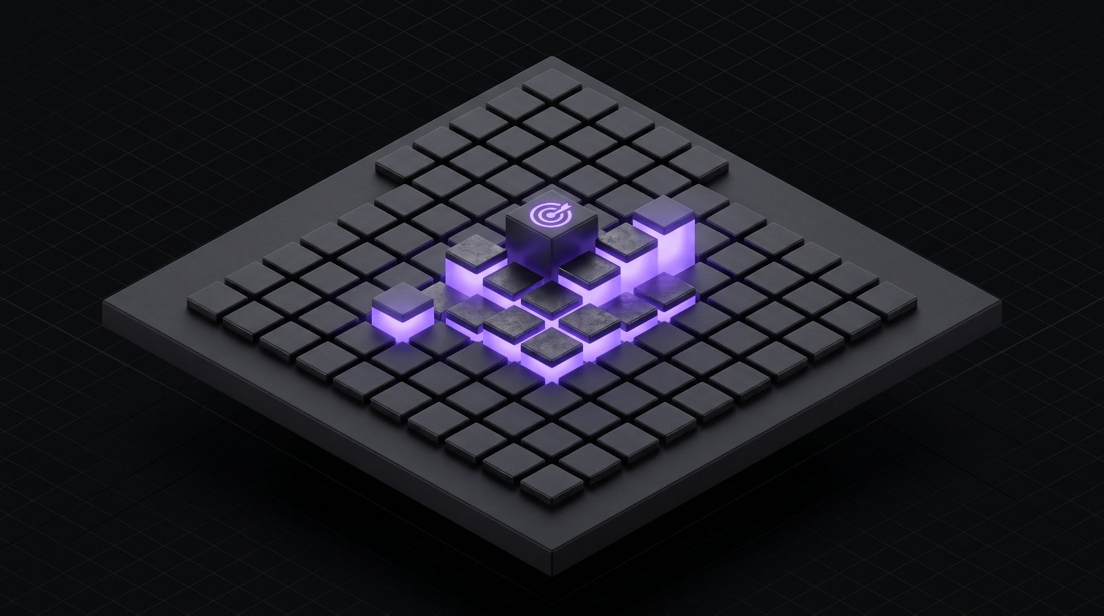 A board of tiles with a glowing cluster rising around a target